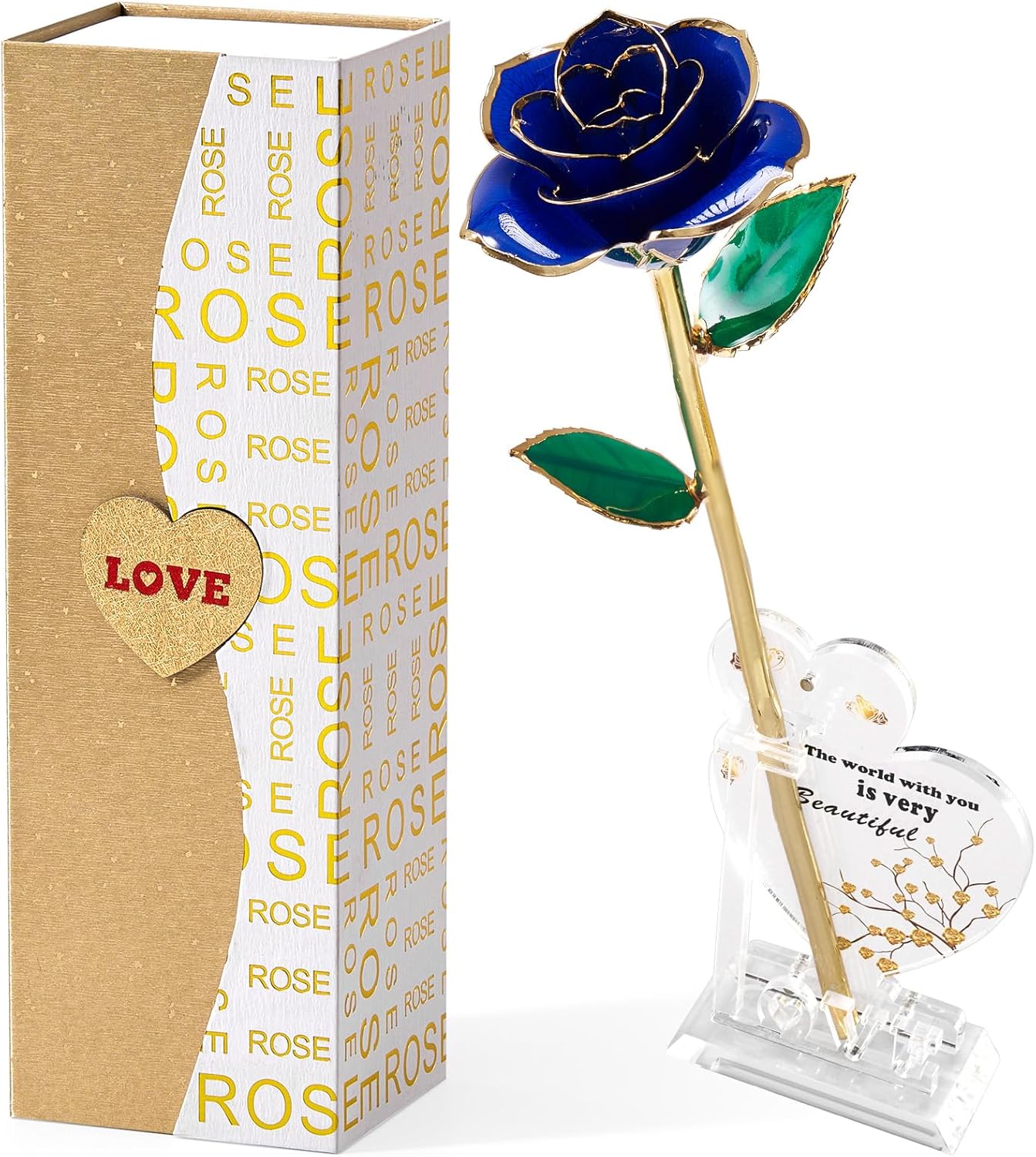 Mikasol Gold Dipped Real 24K Forever Preserved Rose, 1 Pack Infinity Flower Decor Hand Dipped Romantic Gift for Women in Her Wife Girlfriend Birthday Anniversary Valentines Mothers Day Christmas(Blue)