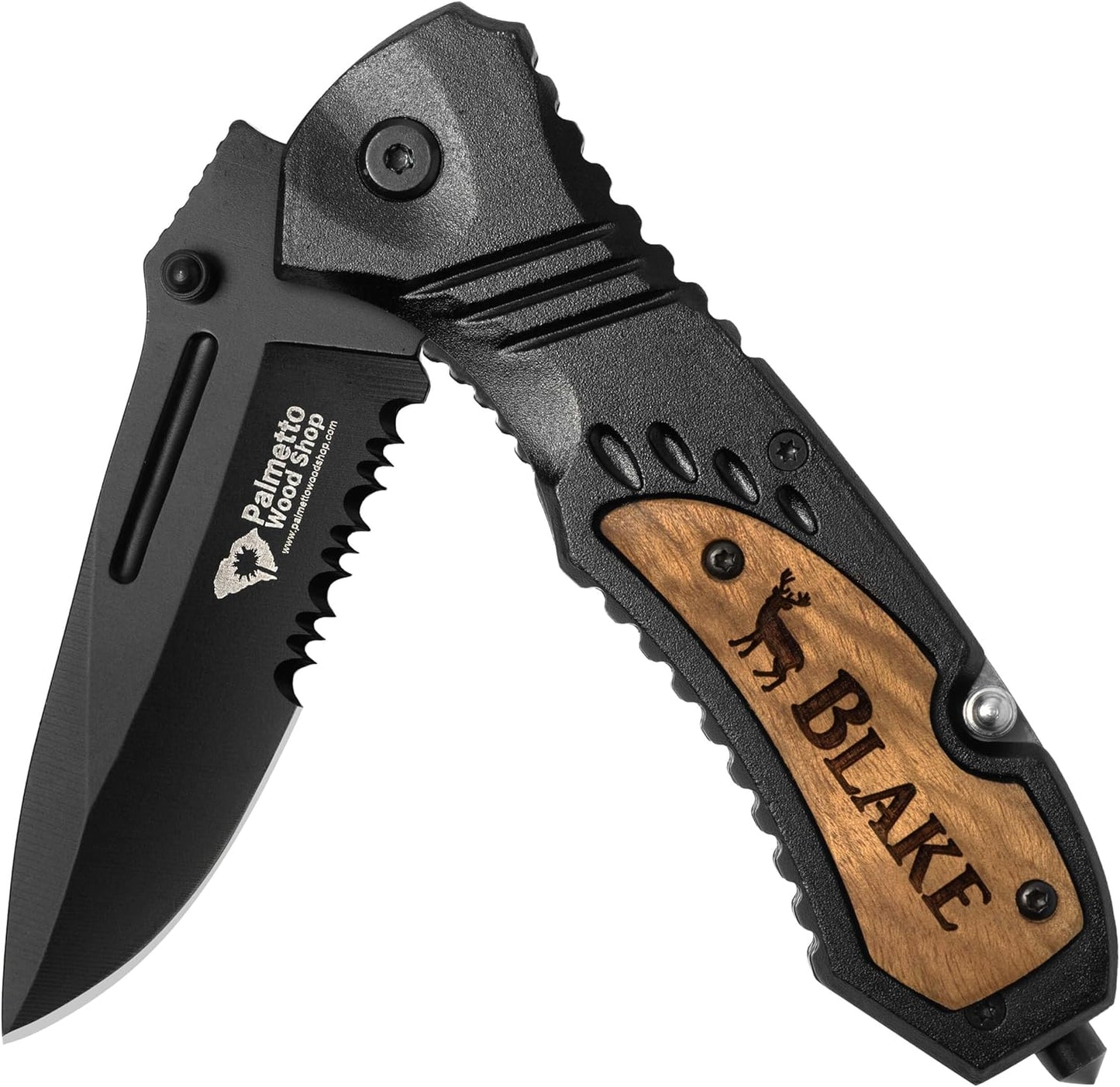 Palmetto Wood Shop Custom Pocket Knife - Laser Engraved Pocket Knife Gift for Men, Custom Knife for Camping, Hunting, Everyday Carry - 3.25-inch Stainless Steel Blade, 4.5-inch Black/Wood Handle