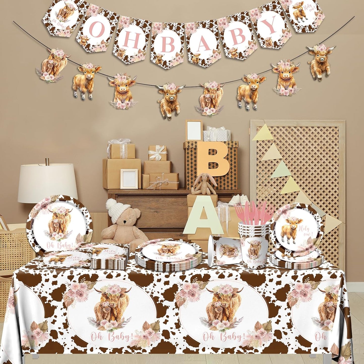 142Pcs Highland Cow Birthday Plates and Napkins,Highland Cow Baby Shower Decorations Western Theme Table Decorations for Baby Shower Party(20 Guests)