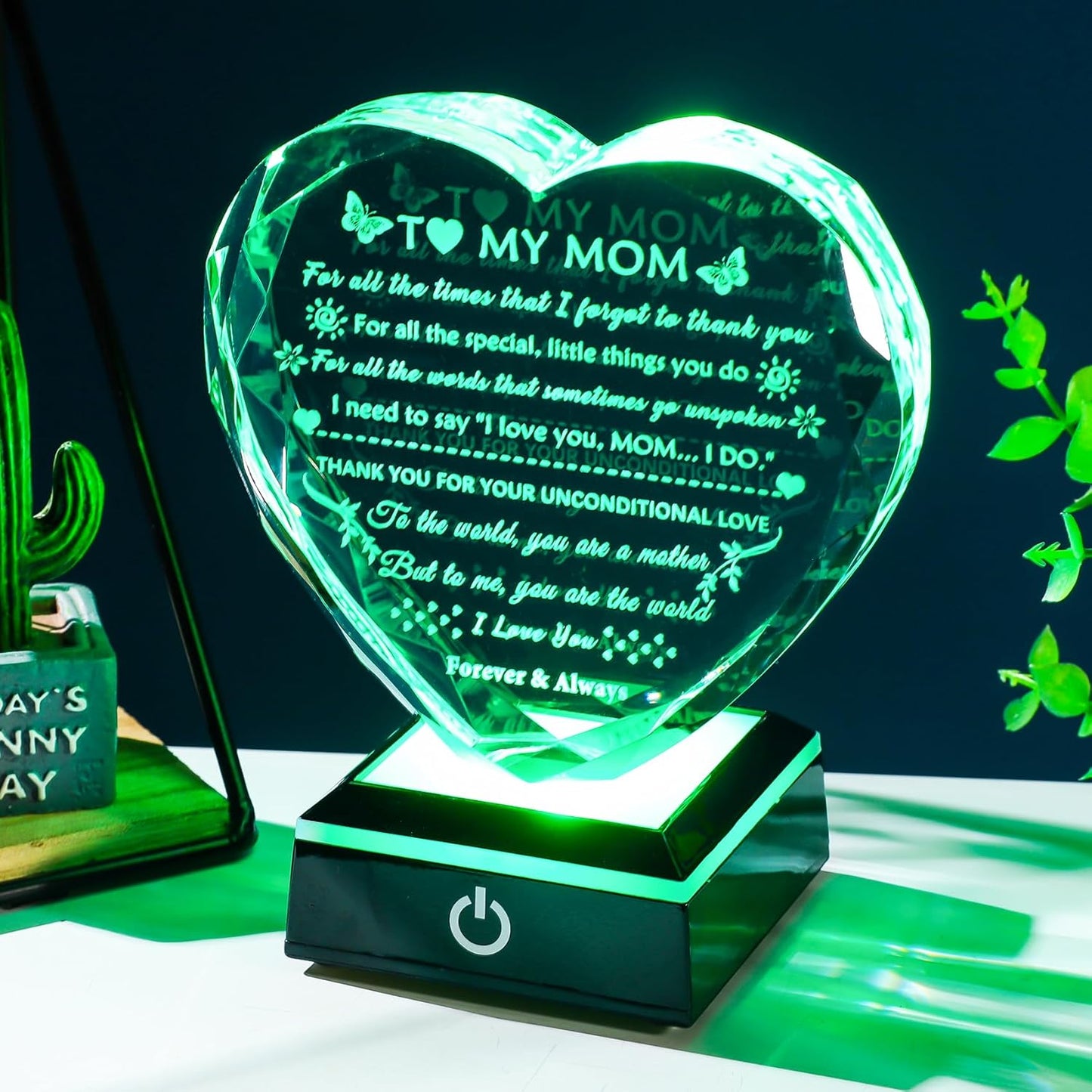 YWHL Gifts for Mom from Daughter Son, Birthday Gifts for Mom Who has Everything, To My Mom Gifts for Mother's Day Crystal Heart Keepsake with LED Base, Present for Mother on Christmas Valentine