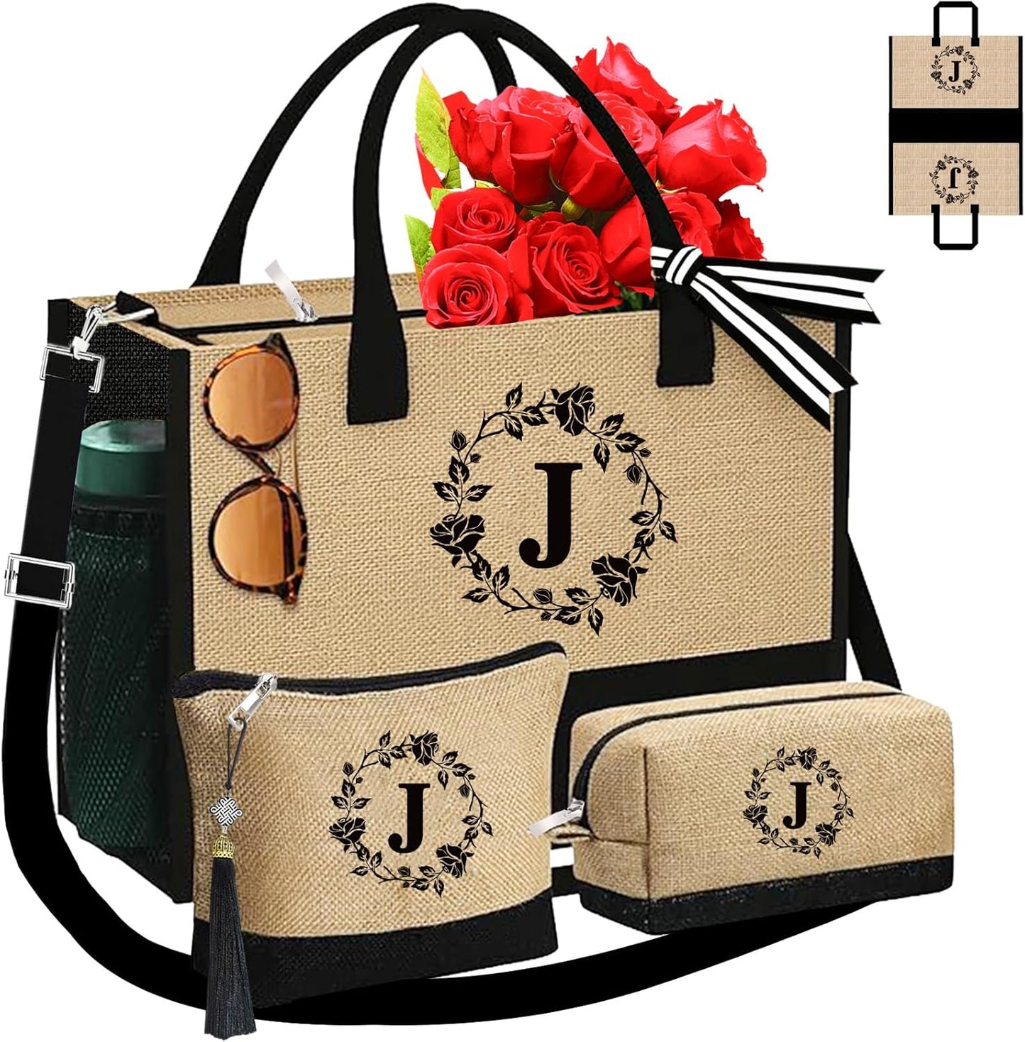 Monogrammed Tote Bags, 3Pcs Birthday Gifts for Women Initial Personalized Jute Tote Bags for Her Female Sister Mom