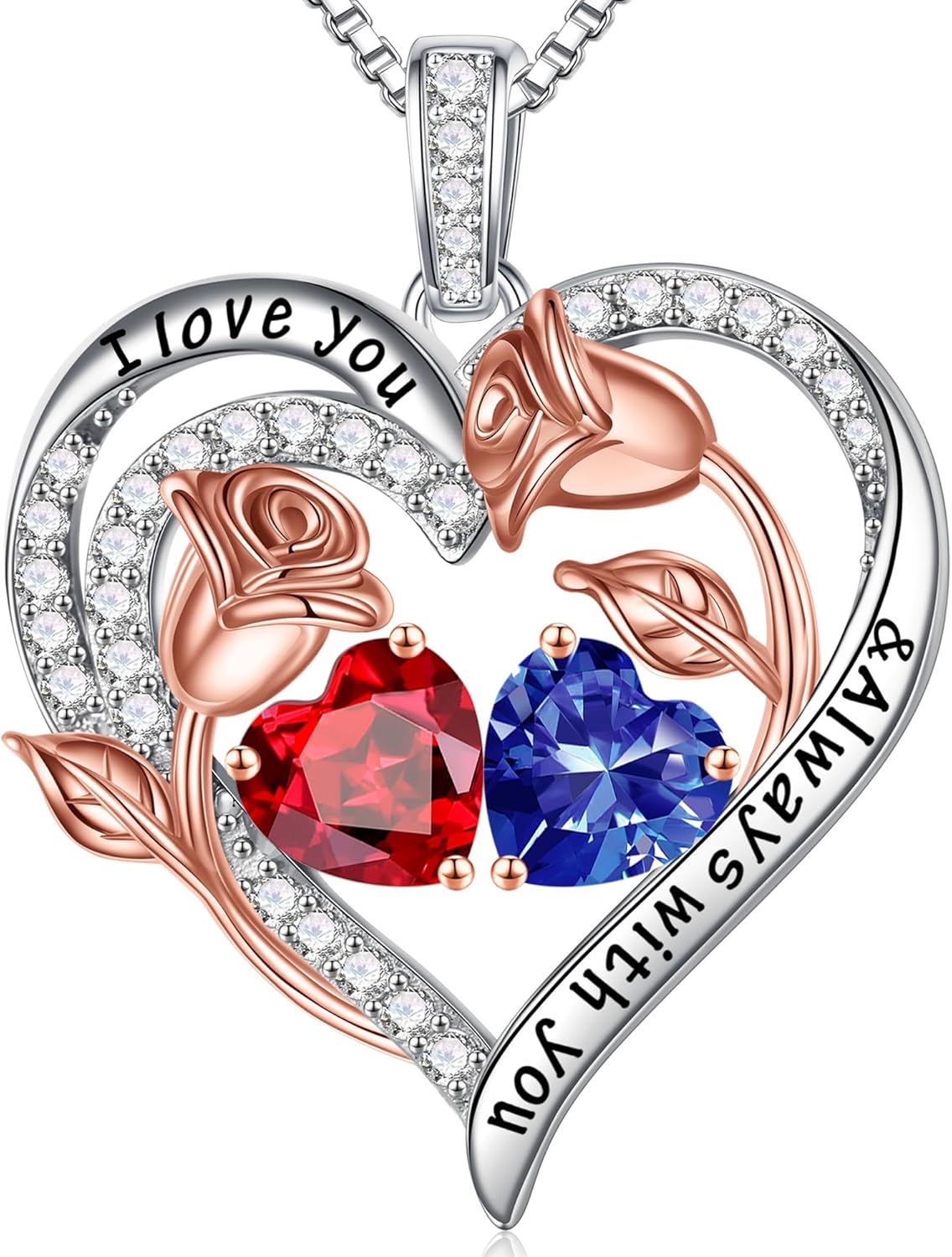 Iefil Birthstone Necklace for Women - 925 Sterling Silver Rose Heart Birthstone Necklace Birthday Anniversary Jewelry Gifts for Her Wife Mom Daughter