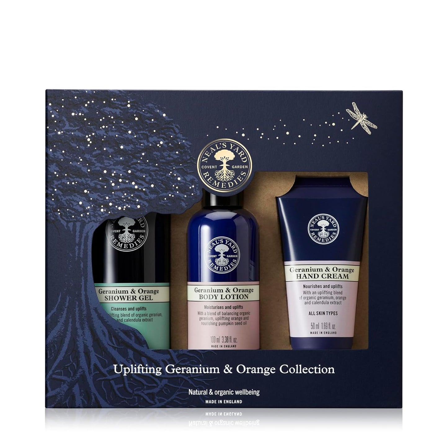 Neal's Yard Uplifting Geranium & Orange Collection with Geranium Essential Oil, For All Skin Types, Vegetarian Approved, Cruelty Free, 3 Piece Set