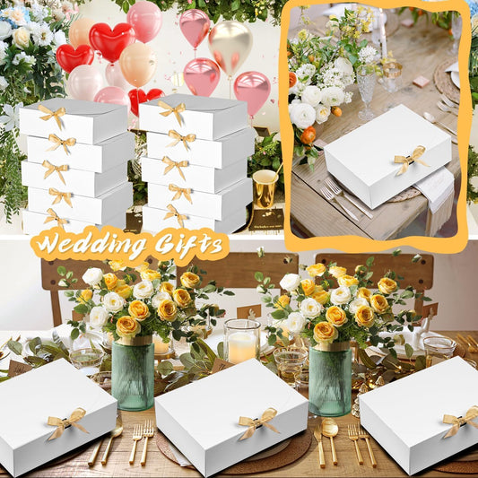Elegant 12Pack White Gift Boxes with Lids, 12x9.8x3.1 Inch, Ribbon, Wedding, Birthday, Party, Christmas, Bridesmaid Proposal Box