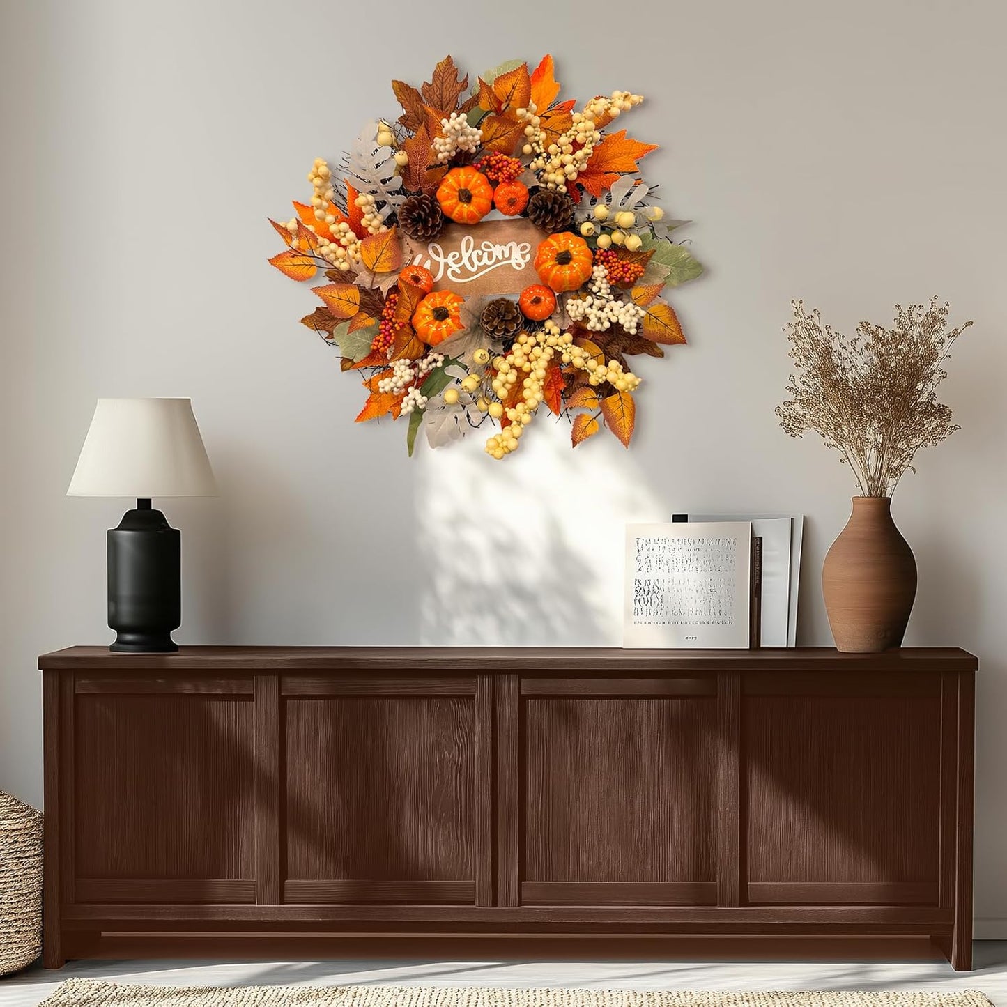 20 Inch Fall Wreaths for Front Door with Welcome Sign,Artificial Autumn Wreath with Sunflowers,Pumpkins,Berries and Leaves for Thanksgiving Harvest Farmhouse Home Decor Indoor Outdoor