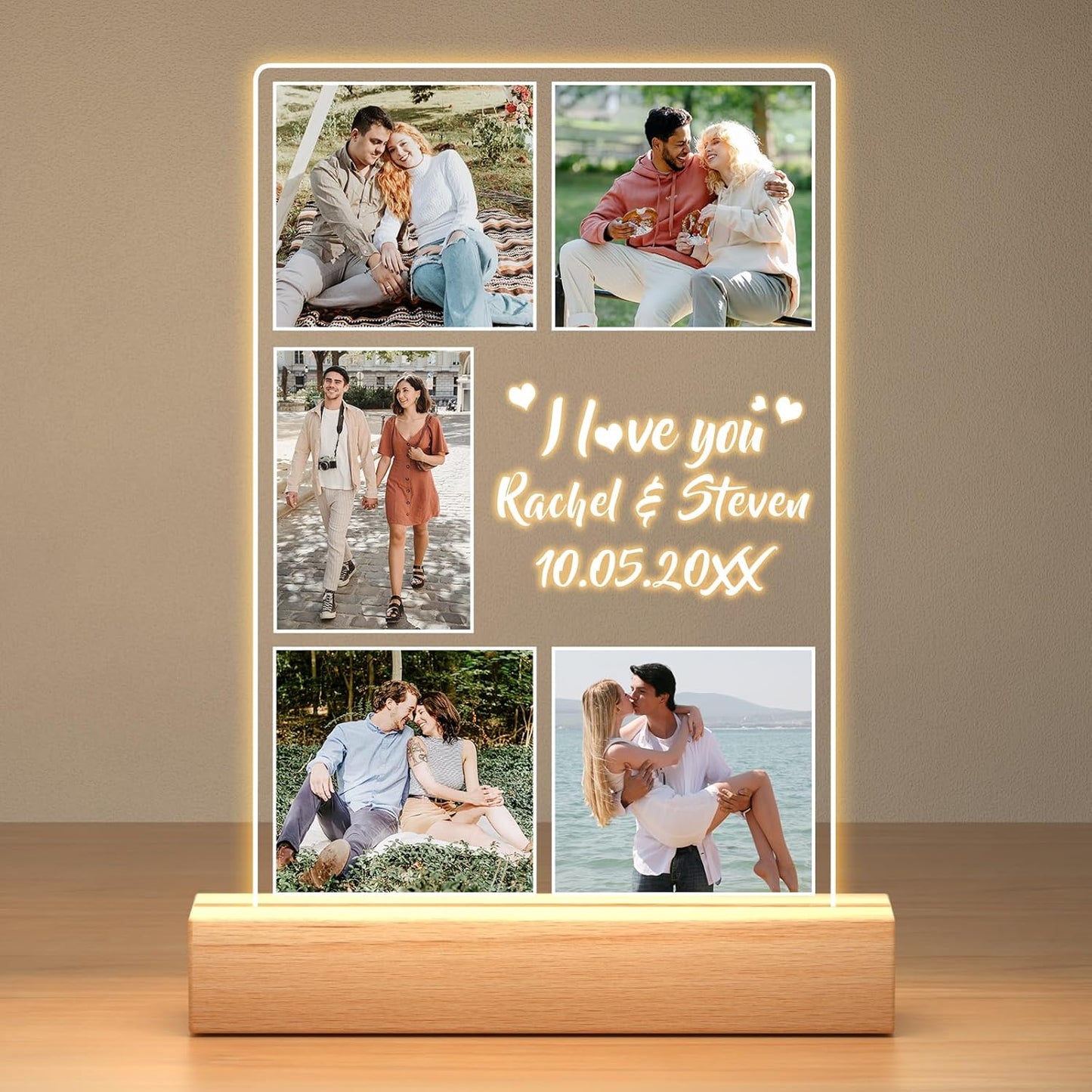 Custom Picture Frame with Photos, Customized Photo Frame with Night Light, Personalized Boyfriend Girlfriend Gifts for Couples, Personalized Anniversary Photo Gifts for Women Men Him Her