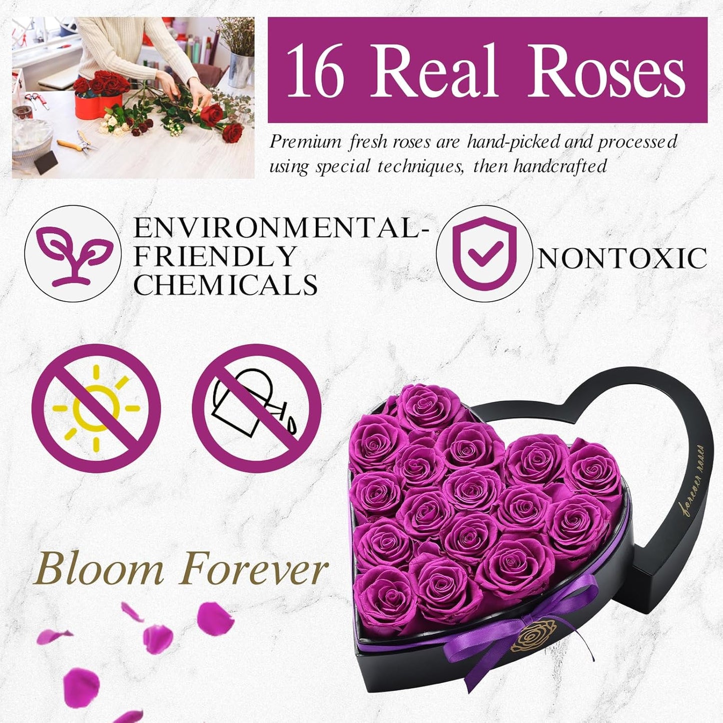 16 Forever Flowers in Heart Shaped Box - Preserved Roses Romantic Gifts for Her, Valentine’s Day, Anniversary, Wedding (Purple)