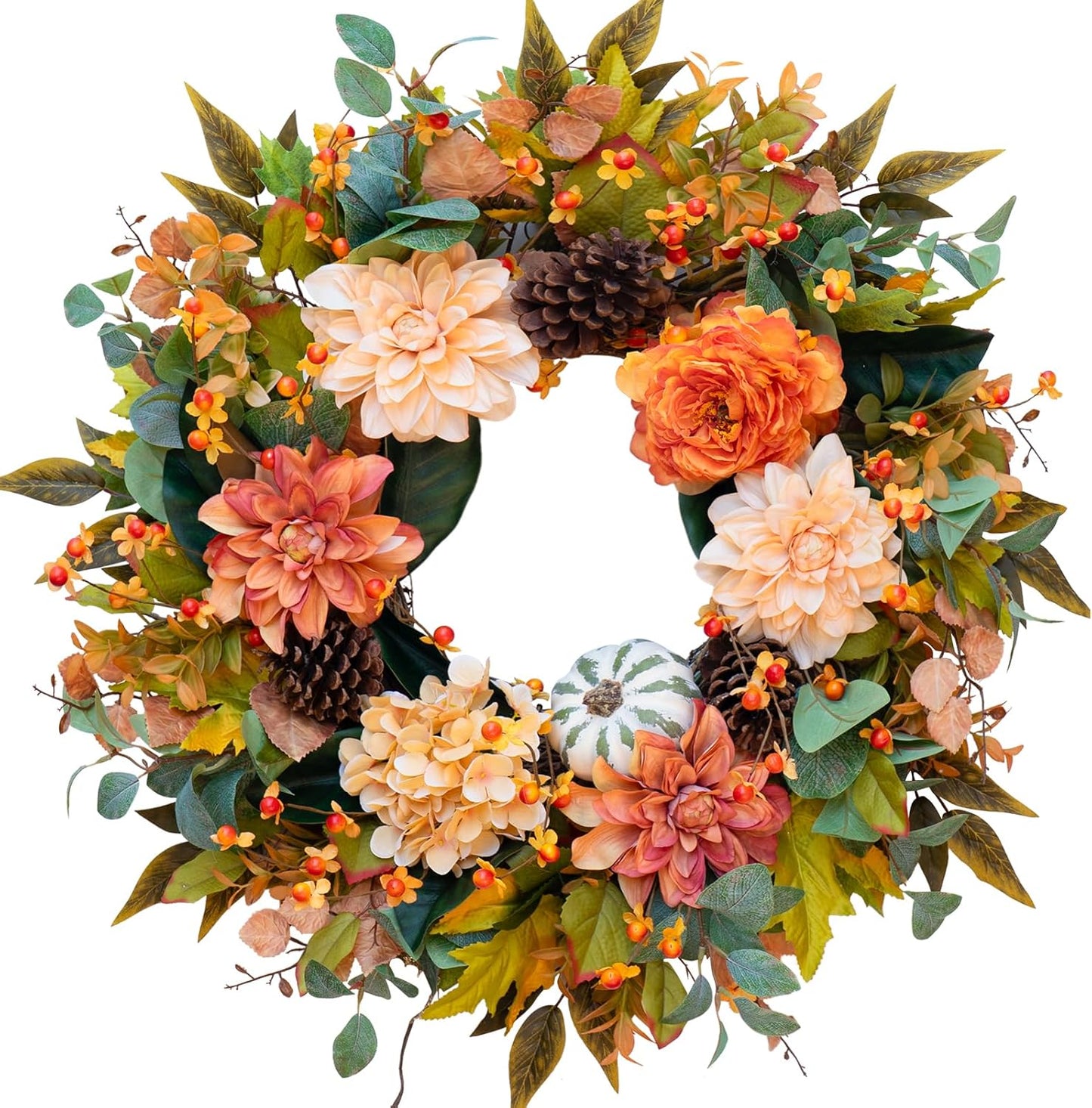 Fall Wreaths for Front Door Outside-24 Inch Autumn Wreath with Dahlia Flowers, Pumpkins, Pinecones, and Eucalyptus Leaves Large Fall Wreath for Thanksgiving, Halloween, Indoor Outdoor Door
