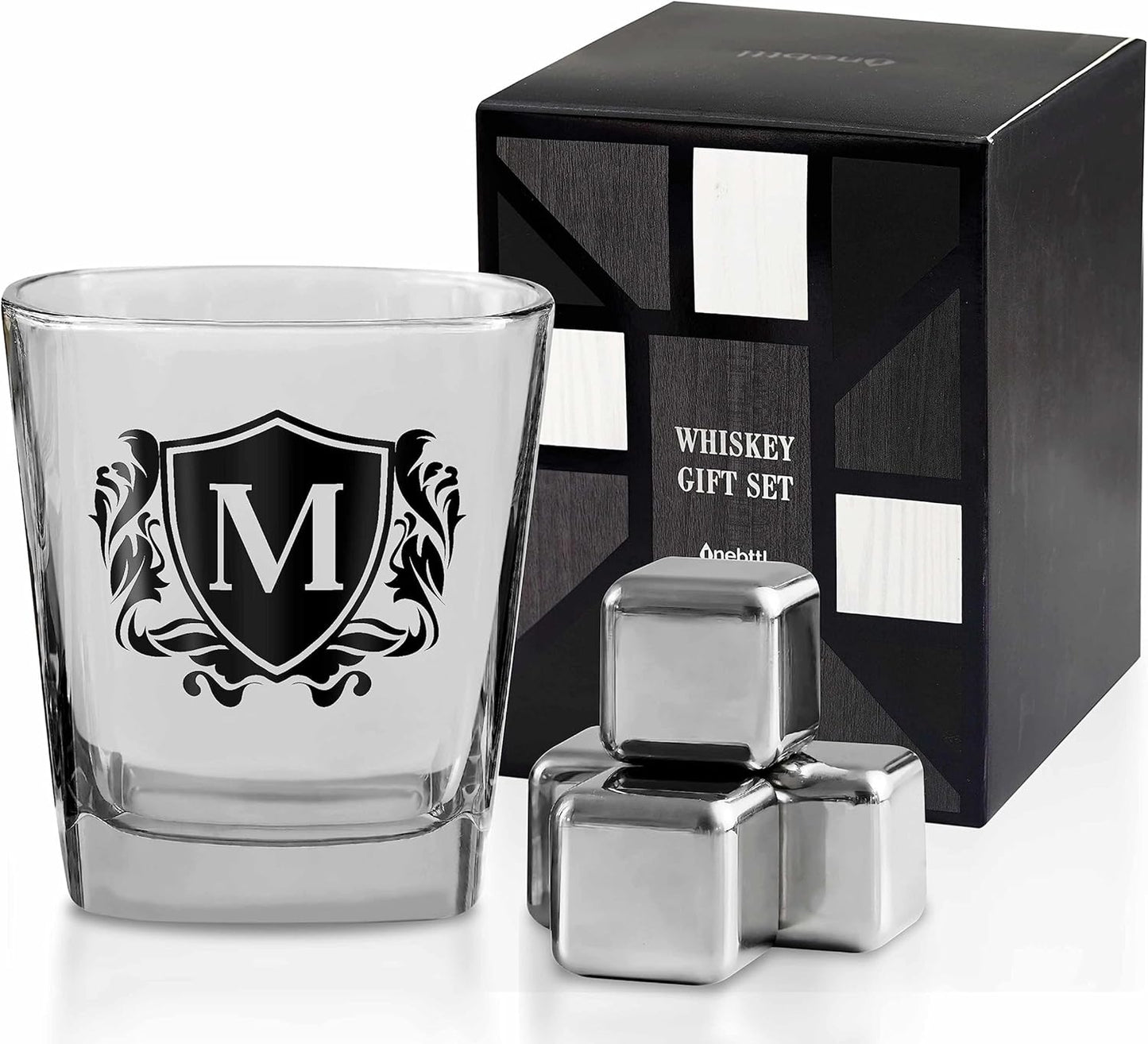 Whisky Gifts for Men, Personalized Initial Whiskey Glass with Whiskey Stones for Dad, Boyfriend, Best Friends, Coworkers, Husband, Brother, Uncle and Boss on Father's Day, Boss Day and Birthday - M