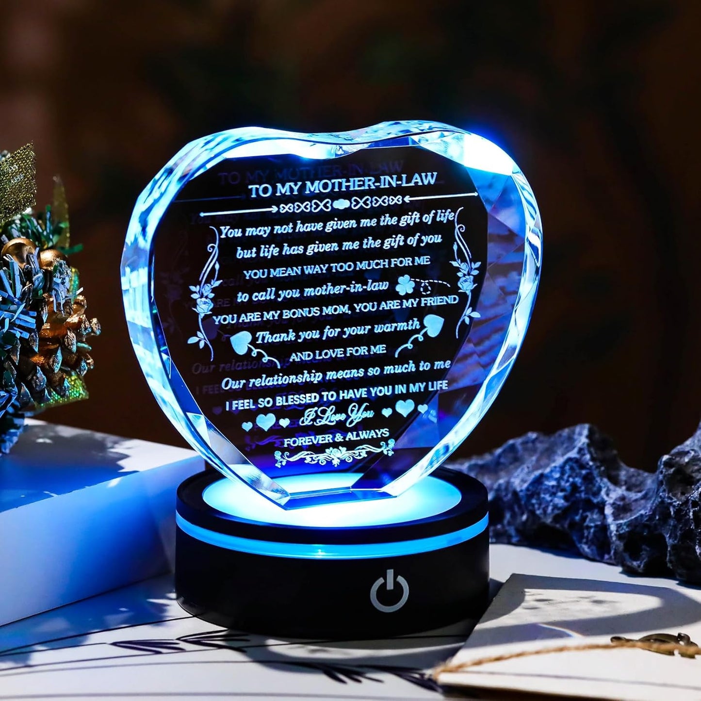 Gifts for Mother in Law with Colorful LED Base Unique Crystal Heart to My Mother in Law Mothers Day Christmas Birthday Gift Best Bonus Mom Gifts from Daughter/Son in Law