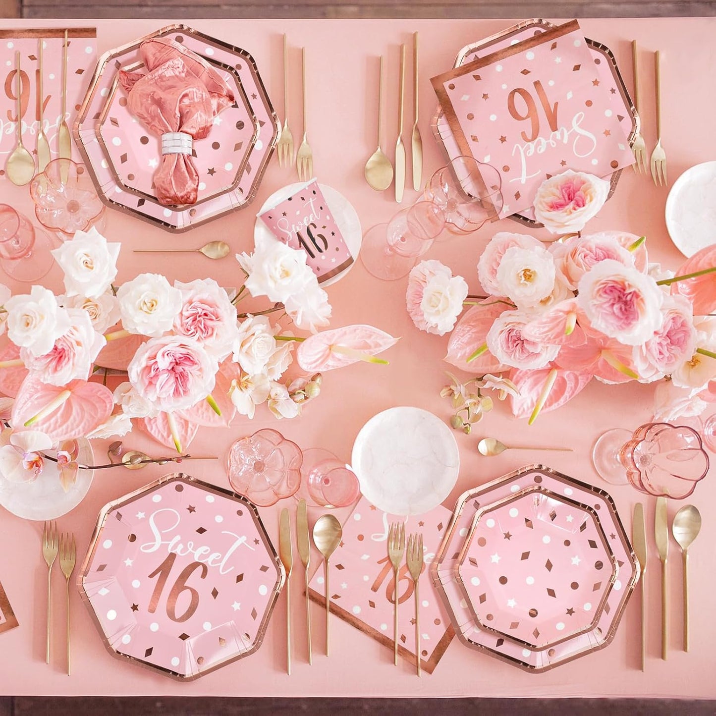 Rose Gold & Pink Sweet 16 Birthday Bundle: Party Supplies Set with paper Plates, Napkins, Cups, Tablecloth & Banner - Sweet Sixteen Decorations, Party Favors ,Serves 25