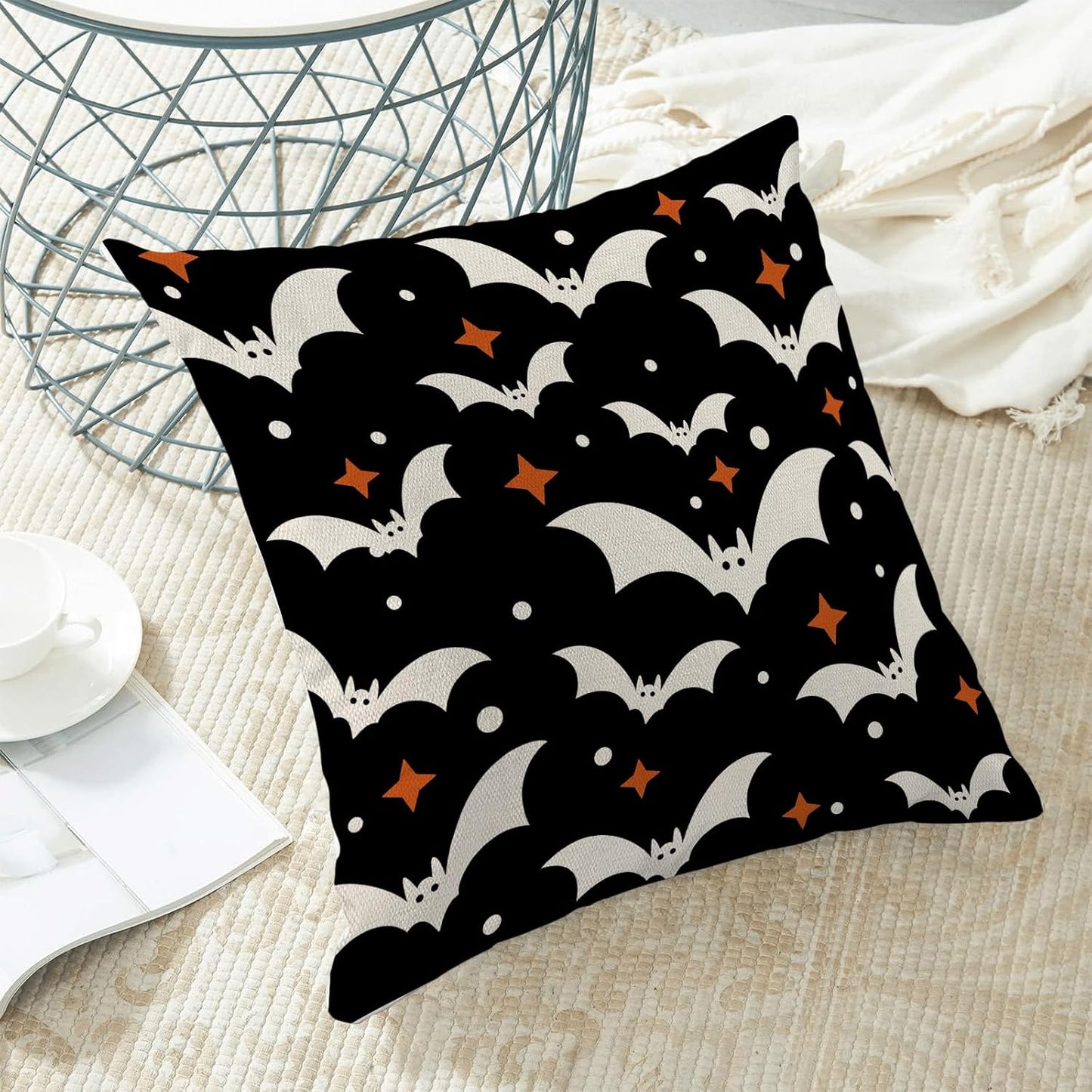 Halloween Pillow Covers 18x18 Pack of 2 Black Beige Bat Throw Pillow Covers Outdoor Decor,Autumn Halloween Decoration Black Pillowcase Farmhouse Linen Decorative Cushion Case for Sofa Couch