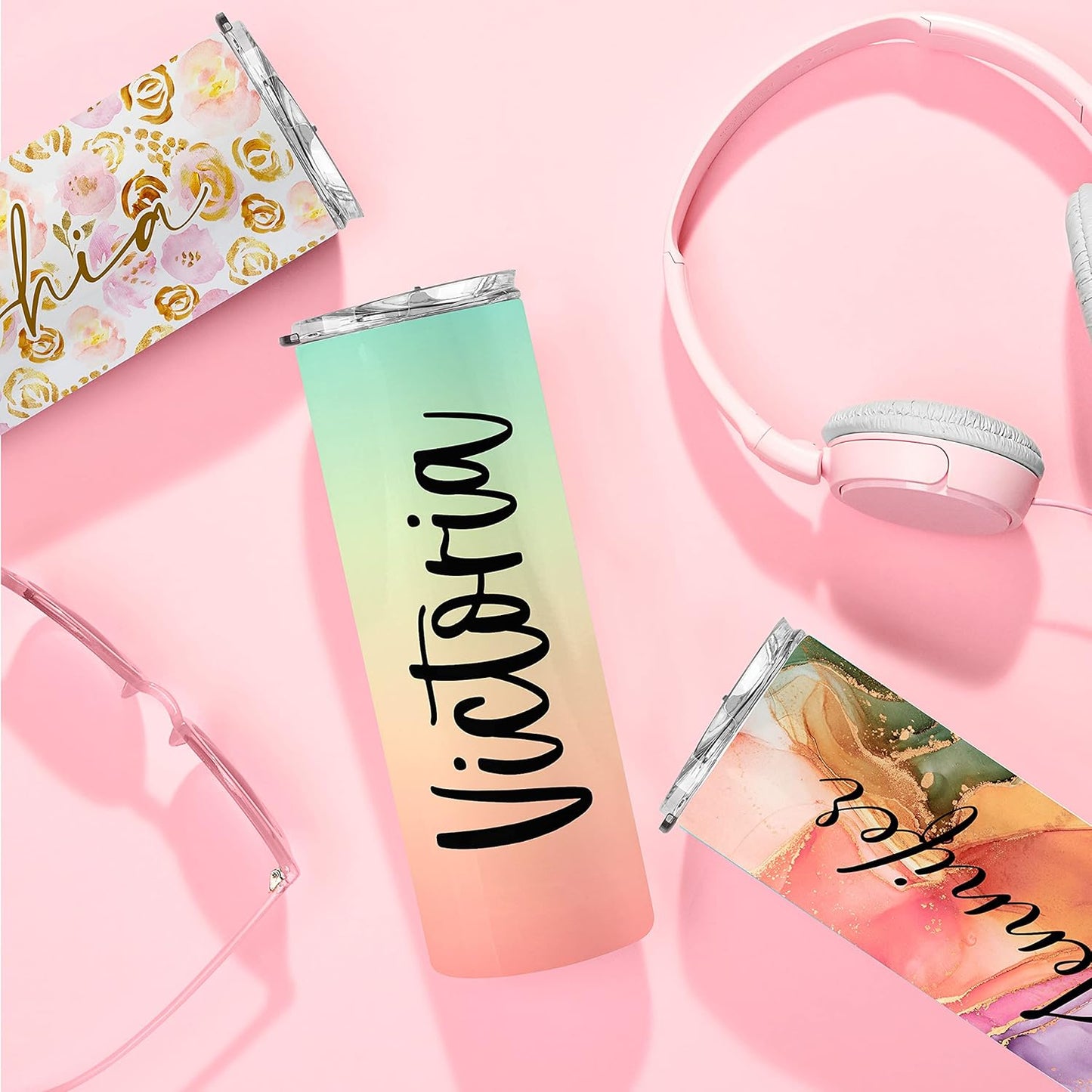 Set of 4, Personalized Skinny Tumbler with Lid & Straw, 20 Oz with Custom Text, 21 Color Styles, 10 Fonts - Best Friend Birthday Gifts for Women, Summer Gifts for Women