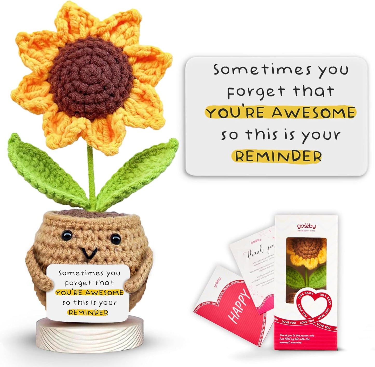 Gossby Inspirational Gift for Women - Handmade Positive Sunflower Crochet - Sometimes You Forget You're Awesome - Christmas, Birthday, Appreciation Thank You Gift for Coworker, Sister Friend, Teacher