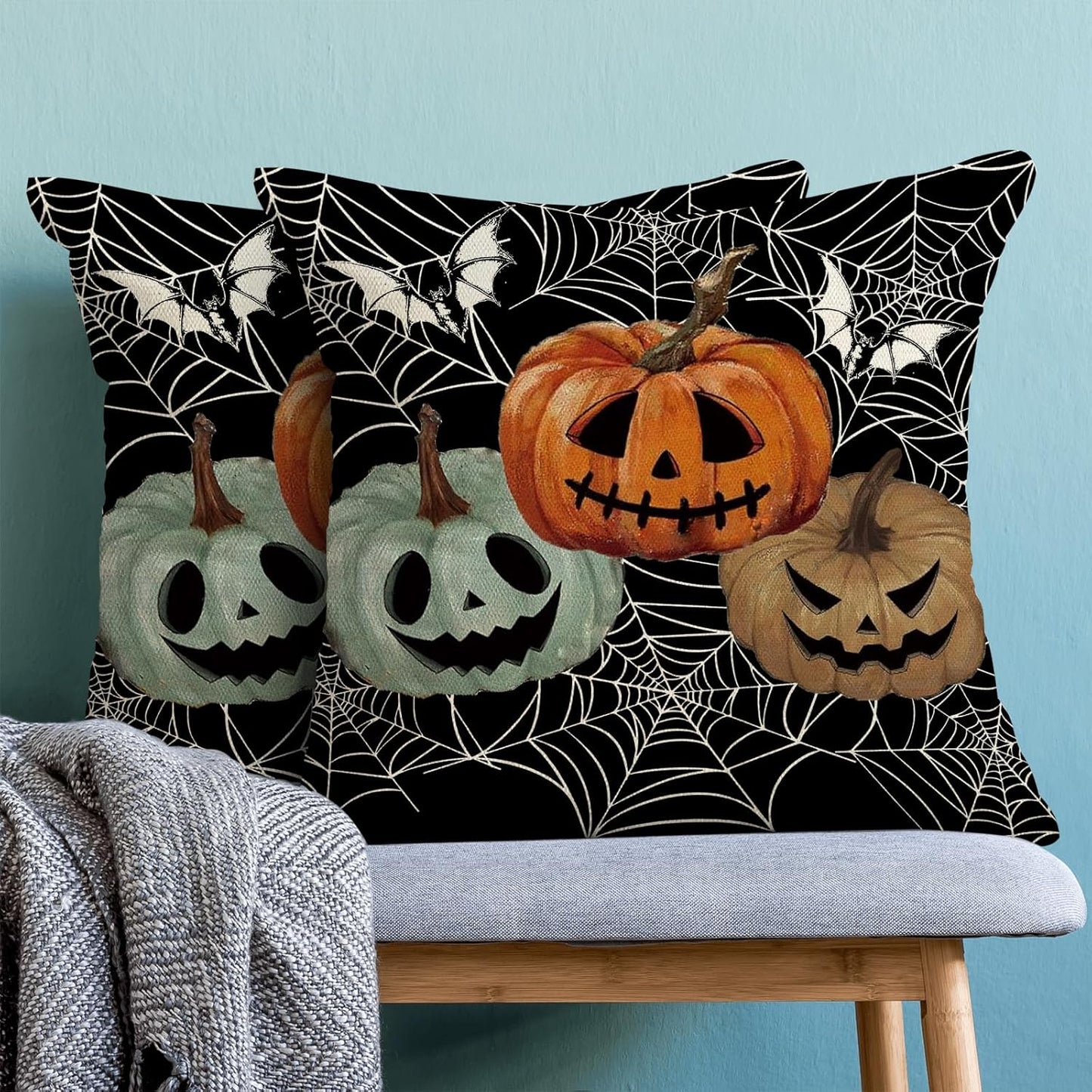 Halloween Decor Pillow Covers 18x18 Set of 2 Spider Web Orange Pumpkin Bat Black Decorative Throw Pillow Covers Outdoor Decoration Autumn Pumpkin Pillowcase Farmhouse Cushion Case for Home Sofa