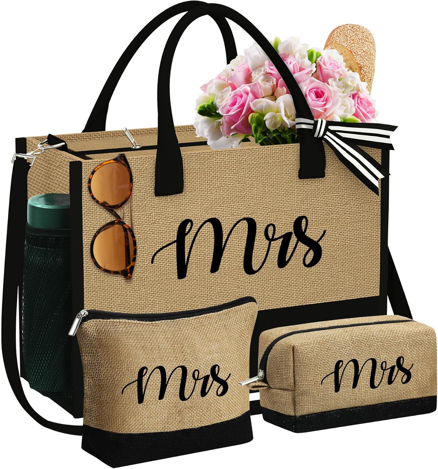 YOOLIFE Gifts for Women - Initial Jute Tote Bag & 2 Makeup Bags Personalized Gifts for Women Teacher Mom Friend Birthday