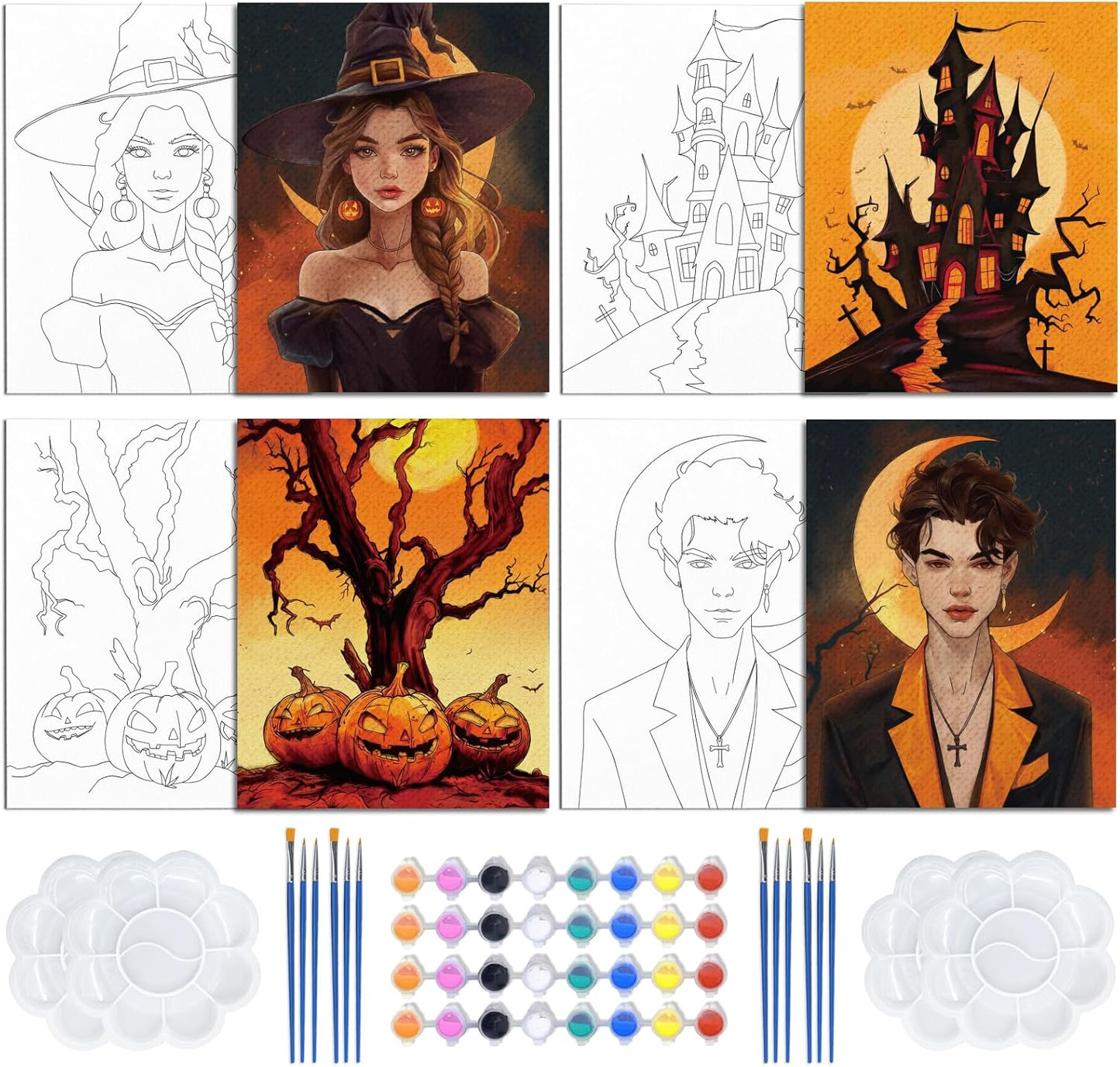4 Pack Pre Drawn Canvas to Paint for Adults Halloween Sip and Paint Kit Party Supplies Couples Painting Kit Date Night Canvas Painting Kit Stretched Canvas for Painting 8 x 10 Inch