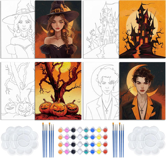 4 Pack Pre Drawn Canvas to Paint for Adults Halloween Sip and Paint Kit Party Supplies Couples Painting Kit Date Night Canvas Painting Kit Stretched Canvas for Painting 8 x 10 Inch