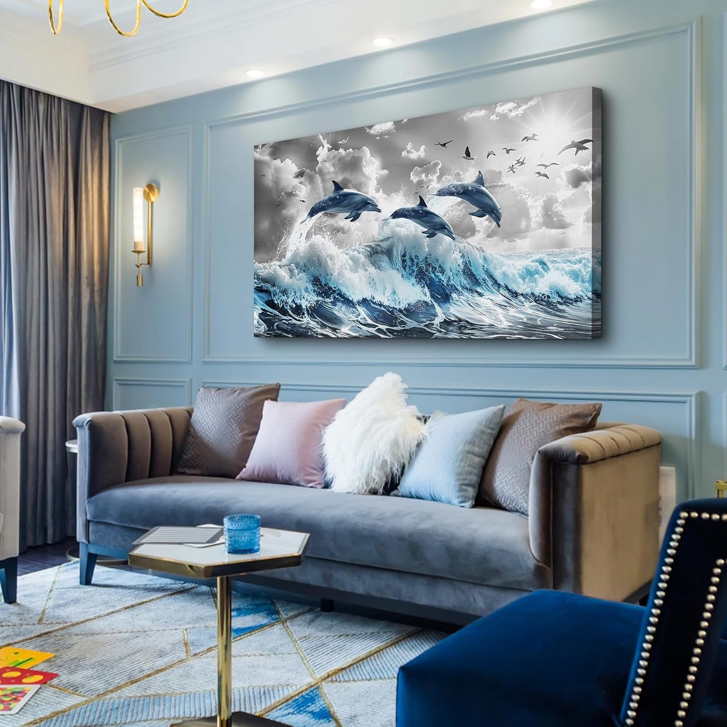 Wapluam Framed Canvas Wall Decoration For Living Room Large Wall Art For Bedroom Blue Waves Of The Sea Wall Pictures Artwork Fashion Office Canvas Art Prints Dolphins Seascape Paintings Home Decor