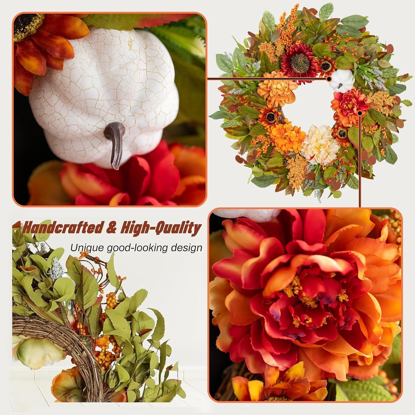 Fall Wreaths for Front Door Outside 23 Inch Fall Wreath with Peonies, Sunflowers & Pumpkins – Outdoor Autumn Wreath for Thanksgiving Halloween & Harvest Decor