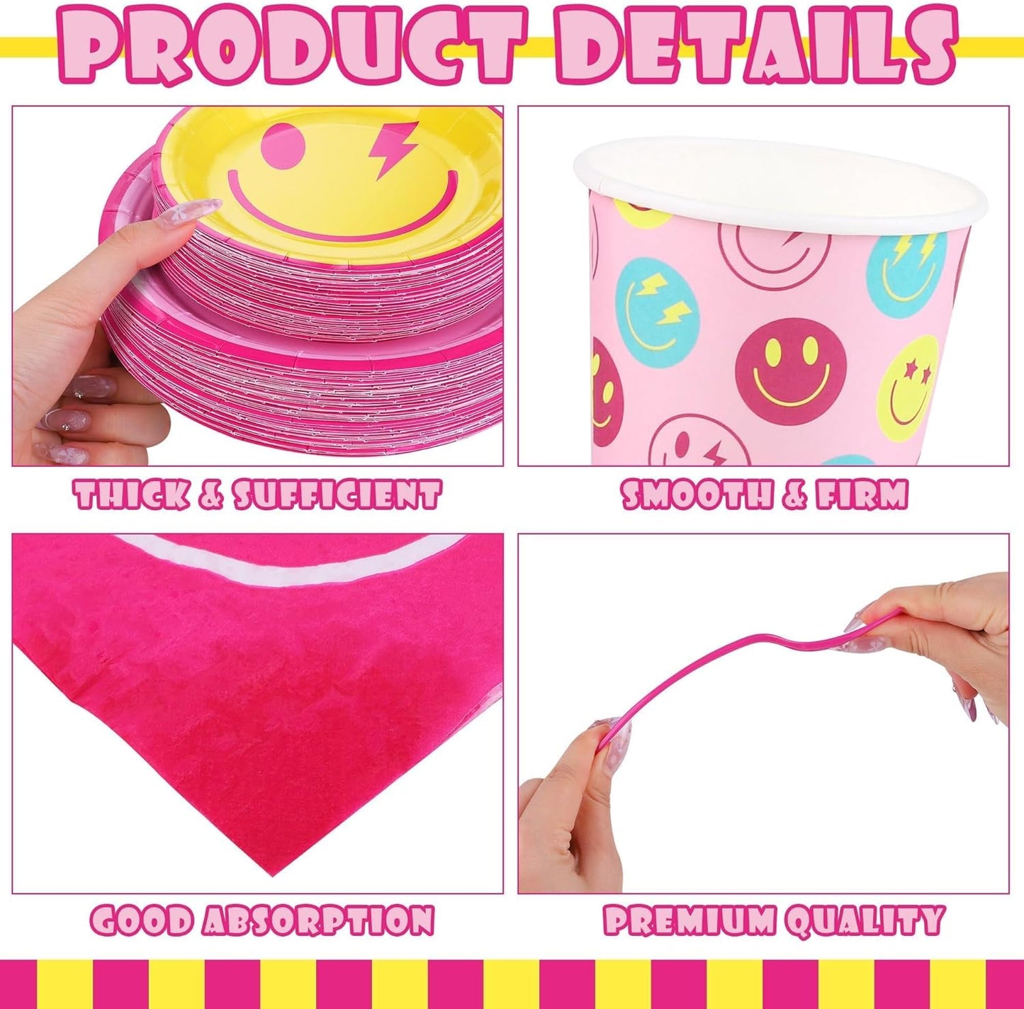 400 Pieces Preppy Smiley Face Party Tableware Set Paper Smile Face Plates Napkins Paper Cups Cutlery for Preppy Birthday Party Decorations Baby Shower Decor, Serve 50 Guest