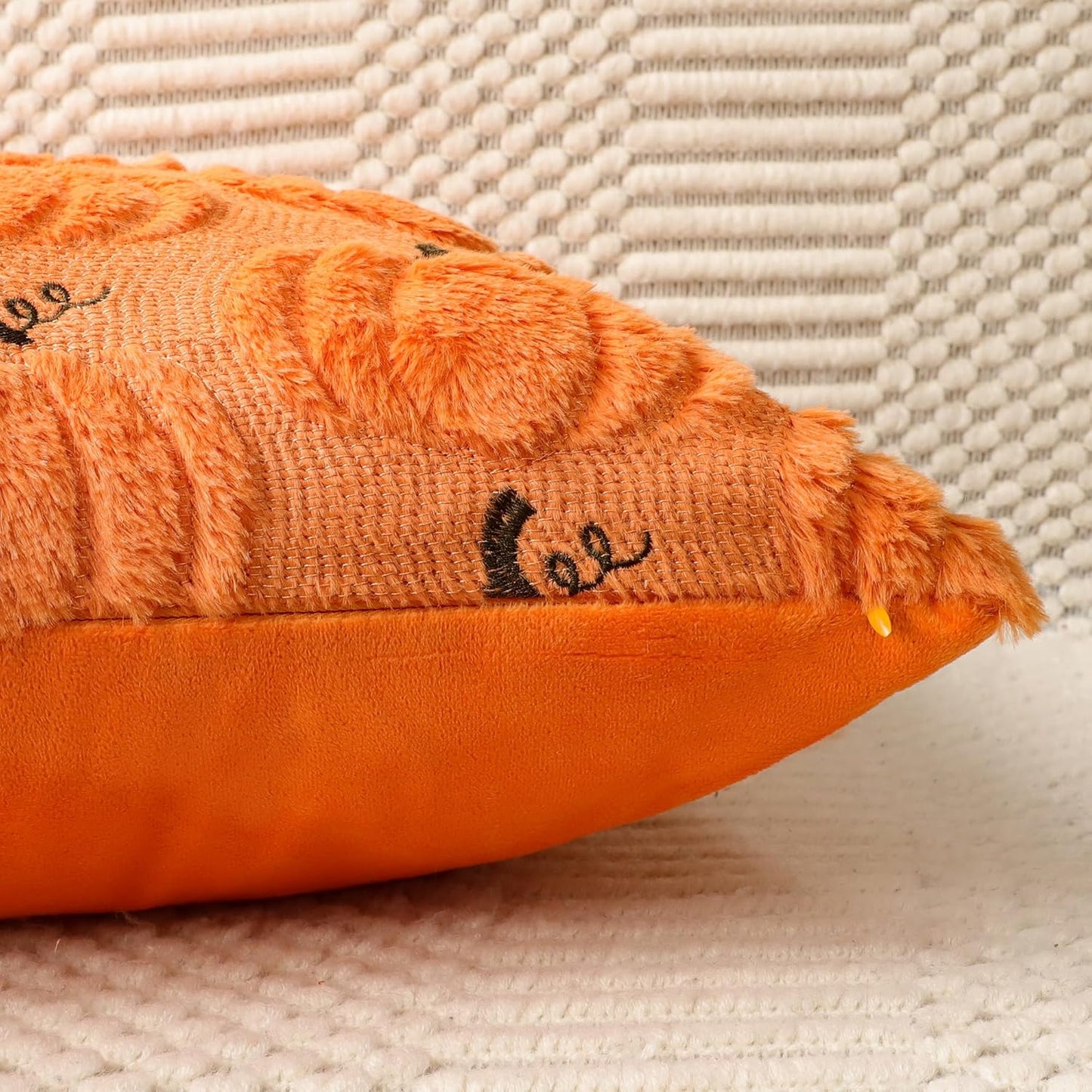 4TH Emotion Fall Pumpkin Decorative Pillow Covers 16x16 Set of 2, Orange Soft Plush Faux Fur Wool Farmhouse Throw Cushion Cases for Autumn Thanksgiving Holiday Home Decorations