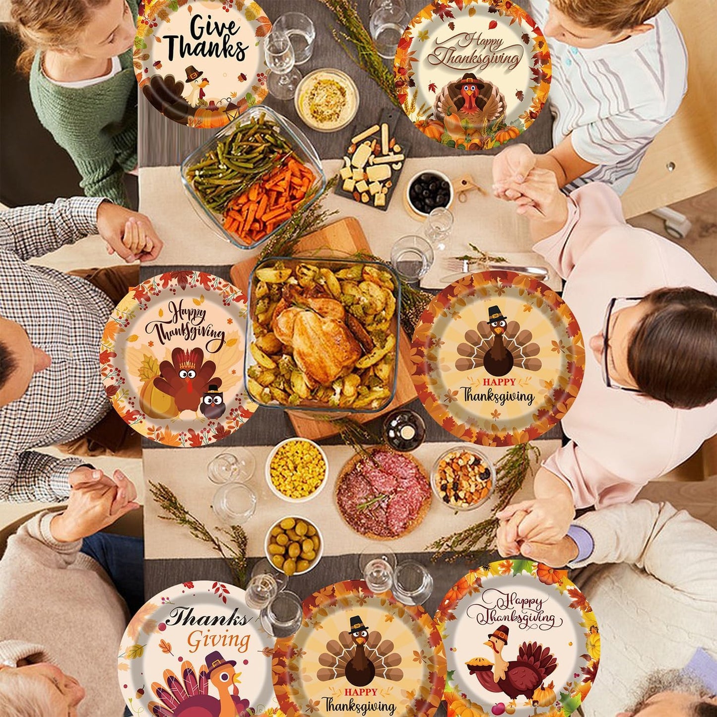 Thanksgiving Turkey Plates 60Pcs 9 Inch Fall Paper Plates With Autumn Maple Leaves Pumpkins for Turkey Party Decoration Supplies