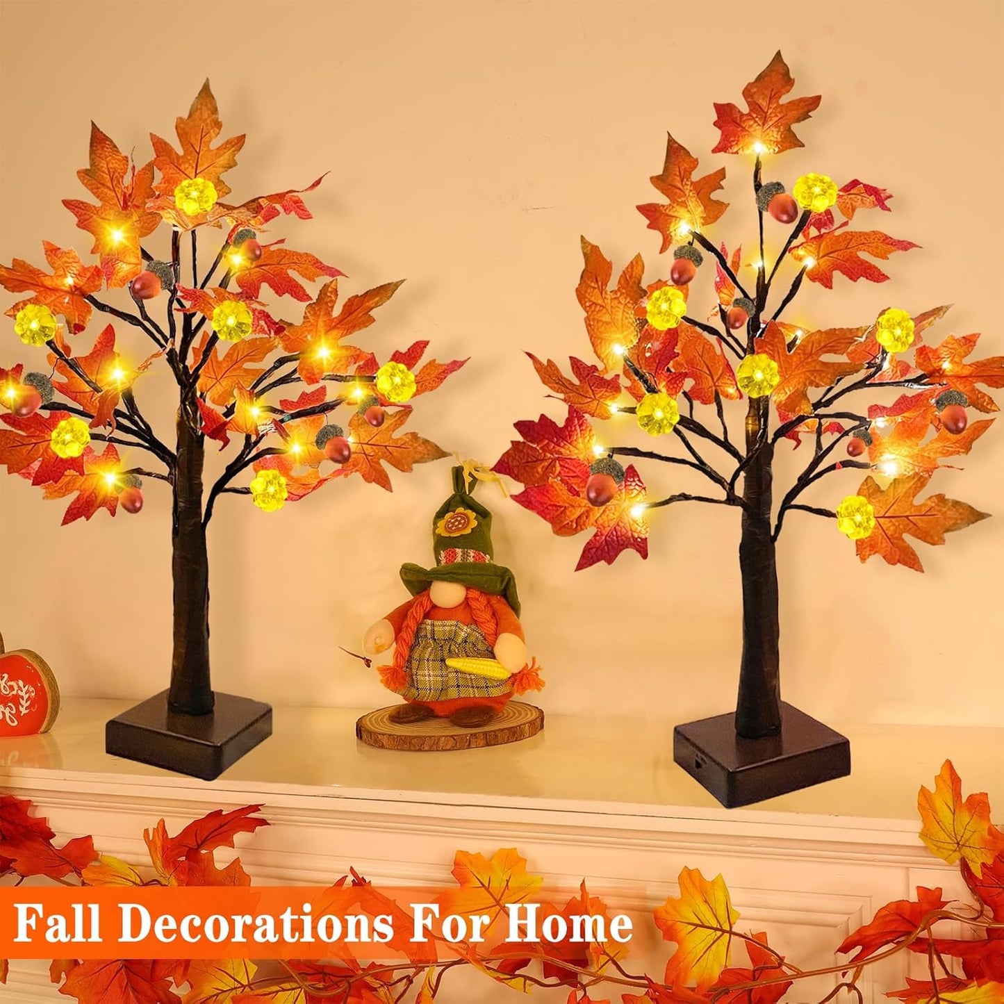 TURNMEON Fall Decor 2 Pack 24 Inch Prelit Fall Maple Tree Thanksgiving Fall Decorations for Home with 48 LEDs Timer Battery Operated Pumpkin Lights 6 Acorn Tabletop Halloween Decorations Indoor Autumn
