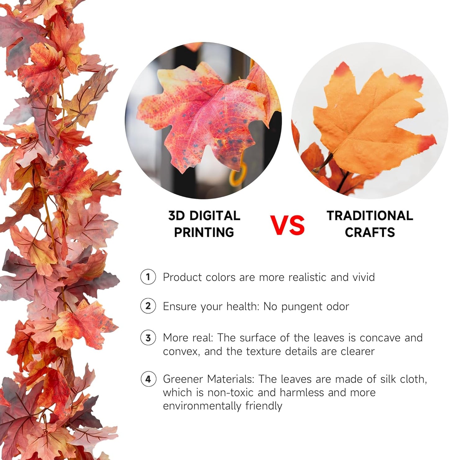 1 Pack 3D Artificial Fall Maple Leaf Garland - 5.7ft Hanging Vine for Mantle, Thanksgiving Decorations for Home, Fireplace, Party, Outdoor, Front Porch Decor