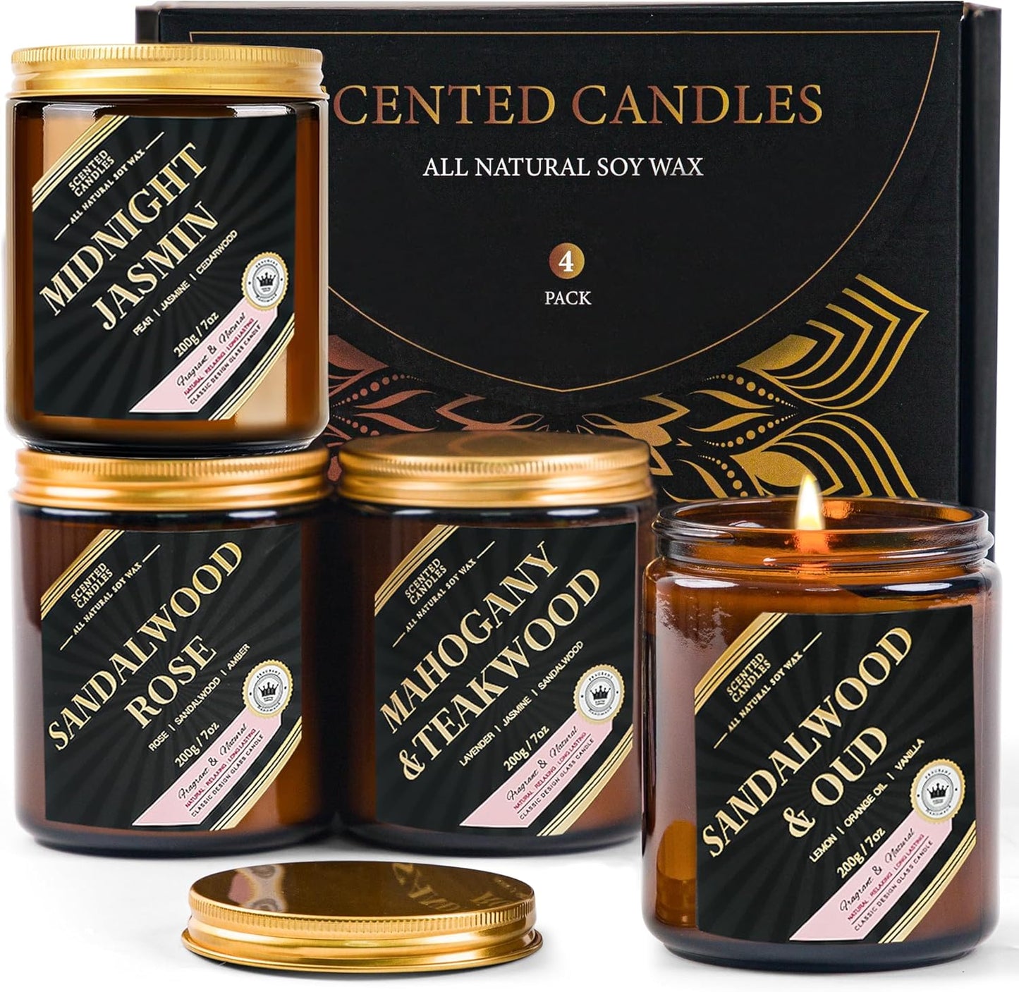 Men Candles Set, 4 Pack Scented Candle Set Gifts for Men - Long Lasting Candles for Home Scented, Gift for Dad, Boyfriend, Birthday, Anniversary - Jasmin/Oud/Sandalwood/Mahogany