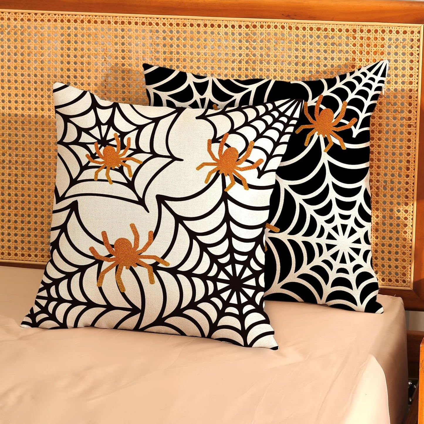Halloween Pillow Covers 18x18 inch Set of 2 Black and White Spider Web Decorative Decoration Farmhouse Pillow Covers Outdoor Spider Decor Cushion Case for Home Couch Sofa Outdoor