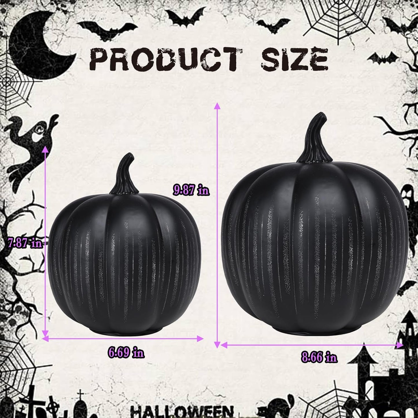 Bdor Halloween Pumpkin Decorations, 2-Piece LED Black Pumpkins Set with Gold Stripes, 8.66" & 6.69" Light Up Fall Decor for Tabletop, Home, Party