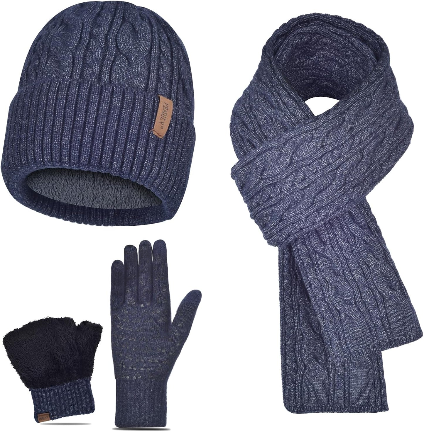 Men Winter Beanie Hat Touchscreen Gloves Scarf Set Warm Fleece Lined
