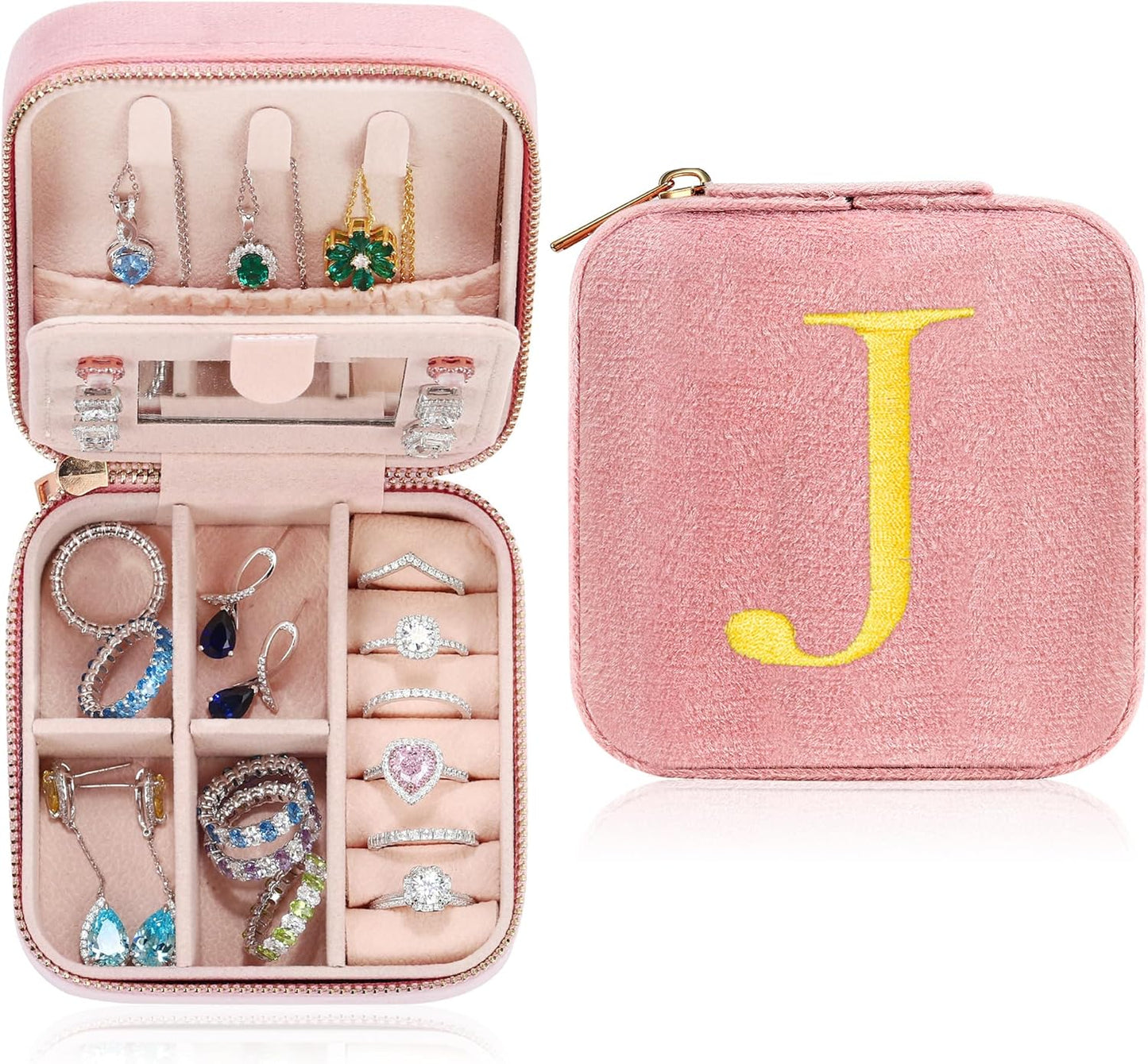 Parima Bridesmaid Proposal Gifts Wedding Day - Small Jewelry Box Travel Jewelry Case Organizer for Women Matron Maid Of Honor Bachelorette Party favors Bride Gift Flower Girl Gifts - Letter J, Pink