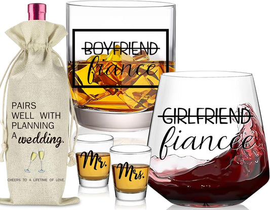 Engagement Gifts for Newly Couples - Fiance Fiancee Gifts, Boyfriend & Girlfriend Wine and Whiskey Glass Set, Wedding Gift for bride and groom, Future Mr and Mrs Just Engaged Gift