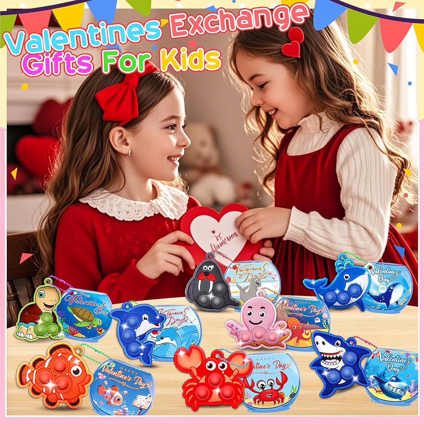 32 PCS Valentines Day Gifts for Kids,Valentines Cards for Kids Classroom with Sea Animal Pop Fidget Toys,Valentines Exchange Gifts for Classroom,Valentines Party Favors for Boys Girls