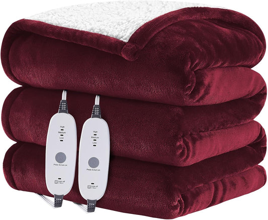 HYLEORY Heated Throw Blanket Flannel Electric Blanket Throw with 4 hrs Timer Auto-Off & 3 Heating Levels Sherpa Heated Blankets with Overheating Protection,84"x90",Red