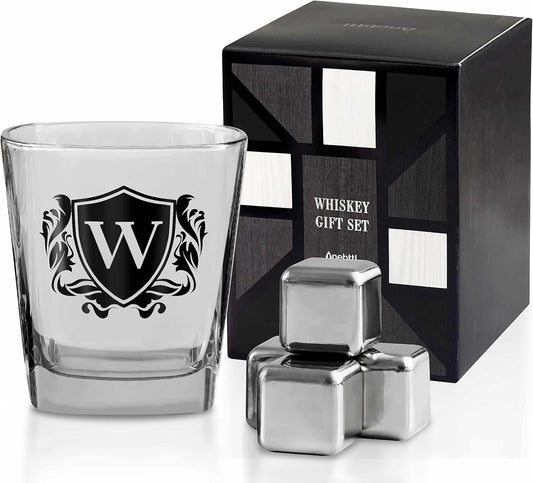 Whisky Gifts for Men, Personalized Initial Whiskey Glass with Whiskey Stones for Dad, Boyfriend, Best Friends, Coworkers, Husband, Brother, Uncle and Boss on Father's Day, Boss Day and Birthday - W
