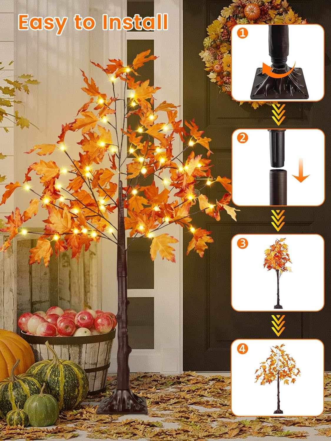 2Pack 4FT 100LED Artificial Lighted Maple Tree, Fall Decor for Home, Maple Tree with Timer Function Prelit Fall Decorations Warm White Light for Indoor Outdoor Autumn Harvest Halloween Thanksgiving