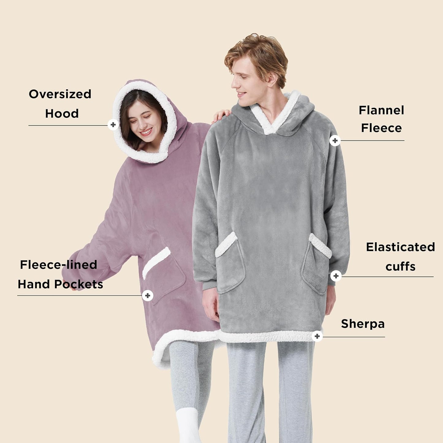 Bedsure Blanket Hoodie, Wearable Blanket for Adults & Kids as Gifts for Women Men, Birthday Gifts for Women Mom Girl Sherpa Oversized Hoodie, Lavender, Oversize
