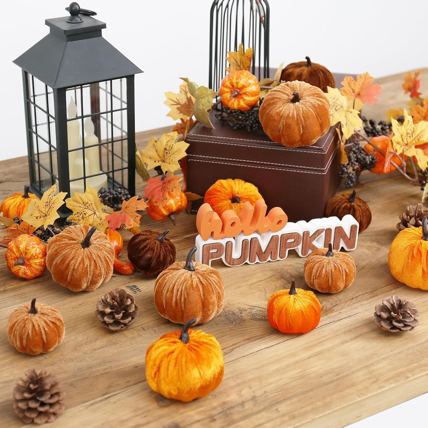17 Pack Fall Artificial Velvet Pumpkins Decorations, Foam Faux Flocked Pumpkin Including Wooden Hello Pumpkins Sign, for Home Autumn Harvest Theme Party Halloween Thanksgiving Table Decor.