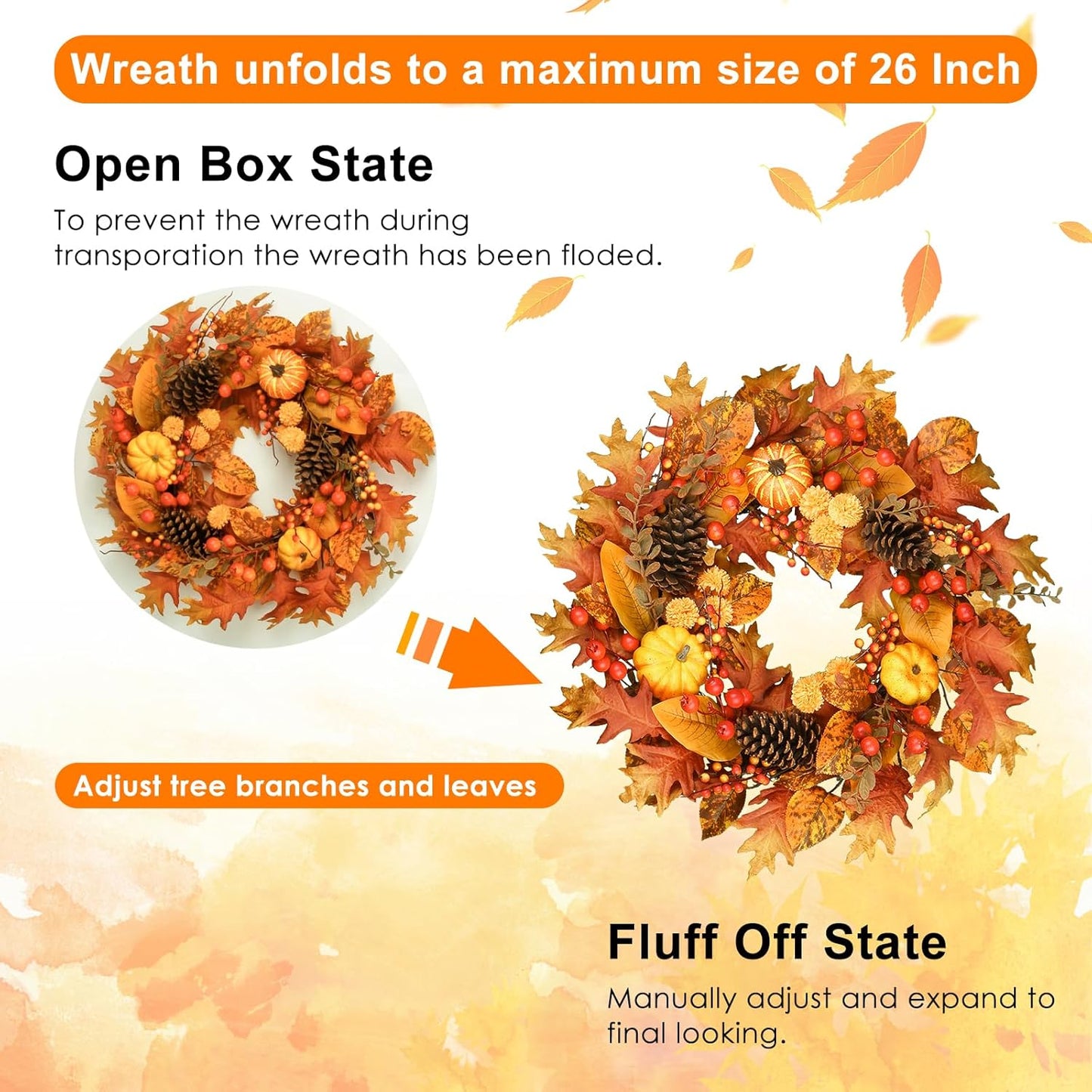 24" Fall Wreath for Front Door - Artificial Autumn Wreath with Maple Leaves, Pine Cones, Pumpkins & Berries - Thanksgiving & Halloween Decor for Indoor/Outdoor Use