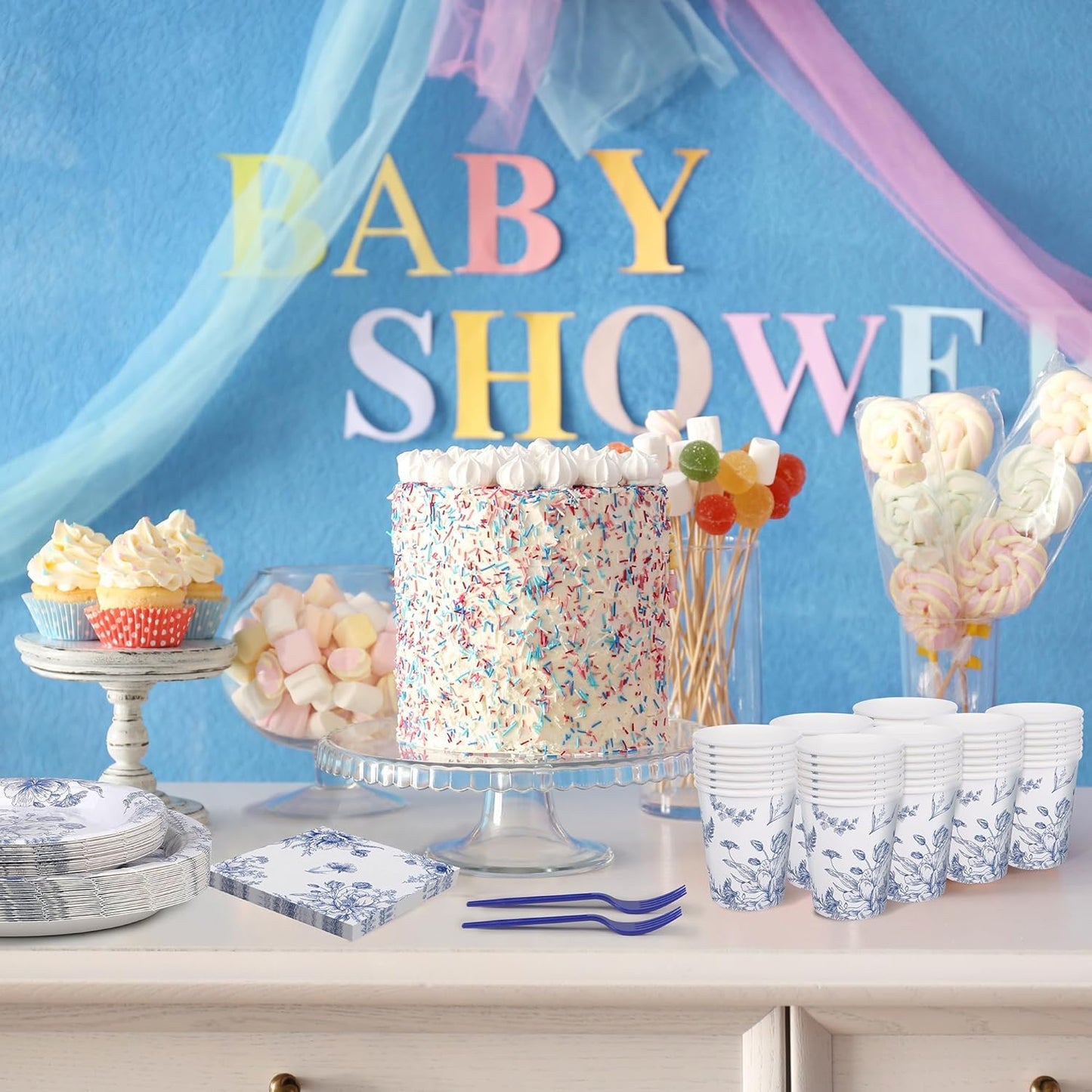 144 Pieces Blue and White Flower Print Party Tableware Sets Including Disposable Plates Napkins Cups Forks Serves 24 for Wedding Birthday Baby Shower Party Supplies