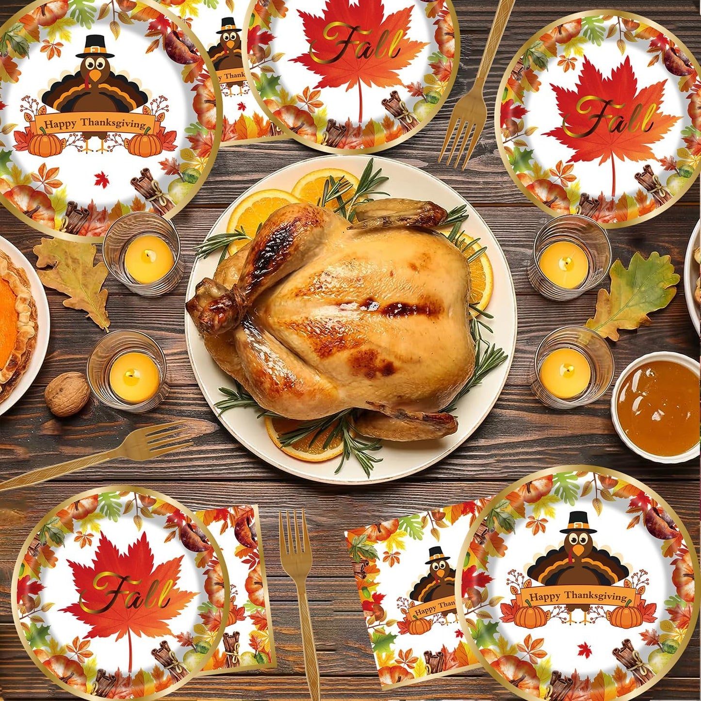 Fall Thanksgiving Party Supplies 96 Pcs Thanksgiving Paper Plates and Napkins Forks Pumpkin Turkey Autumn Disposable Tableware Set for Fall Harvest Party Decorations