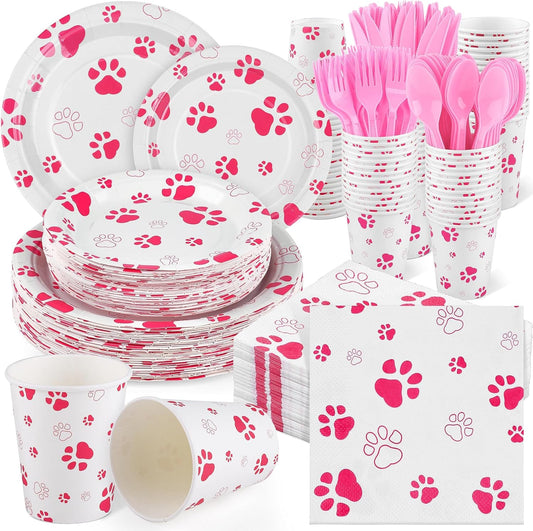 400 Pieces Pink Paw Disposable Party Tableware Sets Dog Puppy Supplies Including Plates Cups Napkins Cutlery Serves 50 for Birthday Puppy Theme Party Decorations