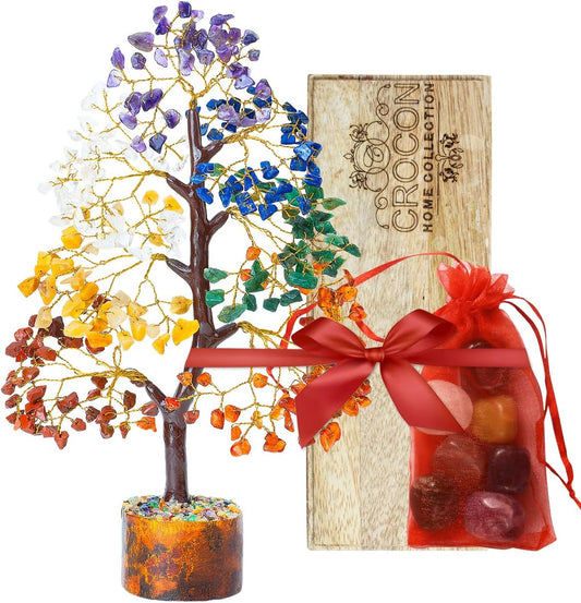 7 Chakra Tree of Life - Crystal Tree of Life with Seven Chakra Tumbles, Wooden Decor Base Tray, Handmade Gemstone Tree, Crystal Decorations, Spiritual Gifts, Artificial Tree, Feng Shui Decor Tree
