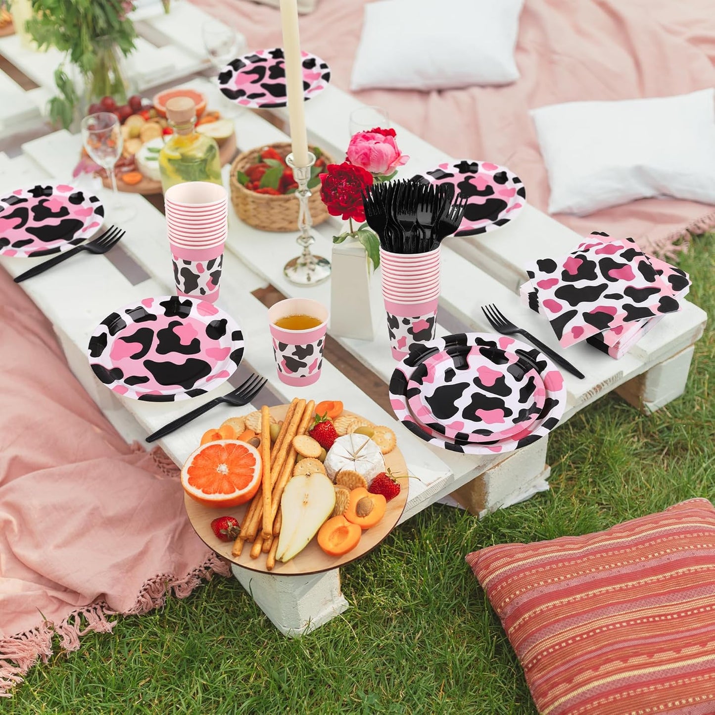 144 Pieces Pink Cow Print Party Tableware Sets Including Disposable Plates Napkins Cups Forks Serves 24 for Cow Theme Farm Animal Party Supplies