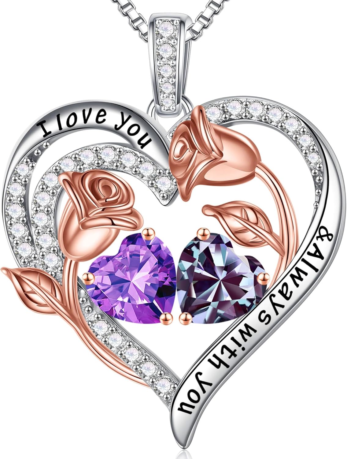 Iefil Birthstone Necklace for Women - 925 Sterling Silver Rose Heart Birthstone Necklace Birthday Anniversary Jewelry Gifts for Her Wife Mom Daughter