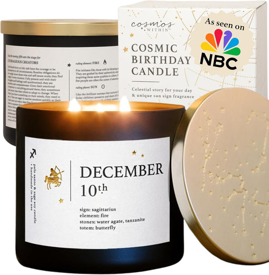 December 10th Personalized Zodiac Candle | Inspirational Astrology Reading and Daily Affirmation for Your Birthdate | Handmade Sagittarius Candles | Astrology Birthday Gifts for Women