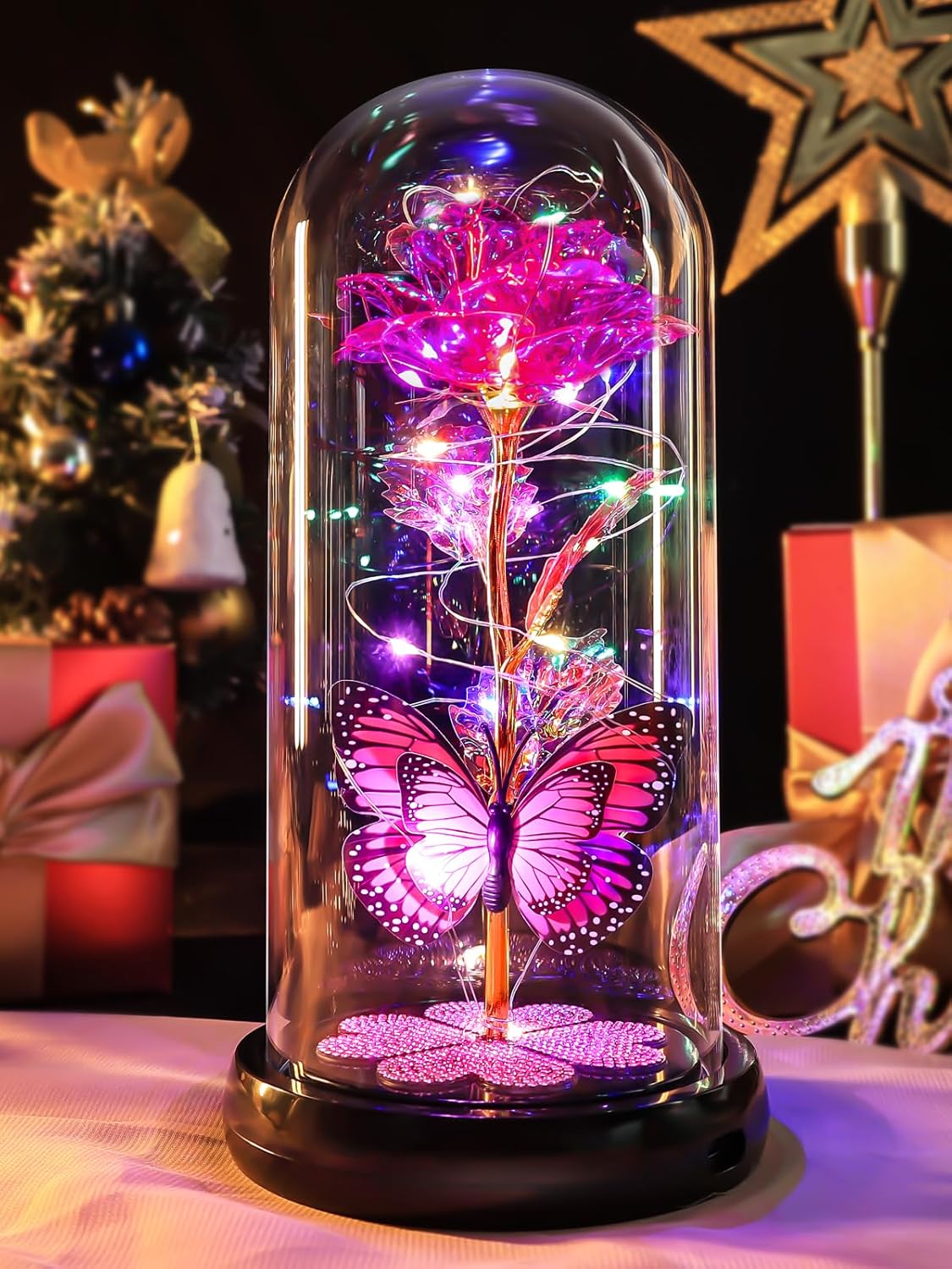 Birthday Gifts for Women Mom, Rechargeable Galaxy Glass Rose Light Up Rose in Glass Dome Crystal Flower Butterfly Gift Mothers Day Christmas Roses Gifts for Her Wife Sister Daughter Friends Pink